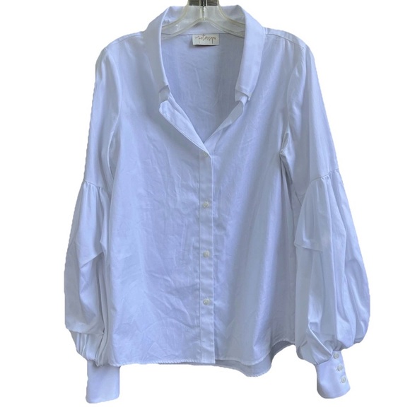 Petersyn Tops - Petersyn White Cotton Medium‎ Blouse Buttons LS Puffy Sleeves Open Neck Collar